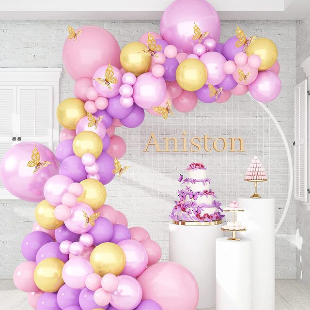 Tytuł produktu: Fioletowy, różowy, złoty metalowy balon Garland z 109 sztukami - zestaw motylkowy Party Girl na urodziny i ślub - idealny dekoracyjny tło - Wianko - 3