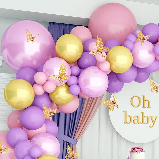 Tytuł produktu: Fioletowy, różowy, złoty metalowy balon Garland z 109 sztukami - zestaw motylkowy Party Girl na urodziny i ślub - idealny dekoracyjny tło - Wianko - 5