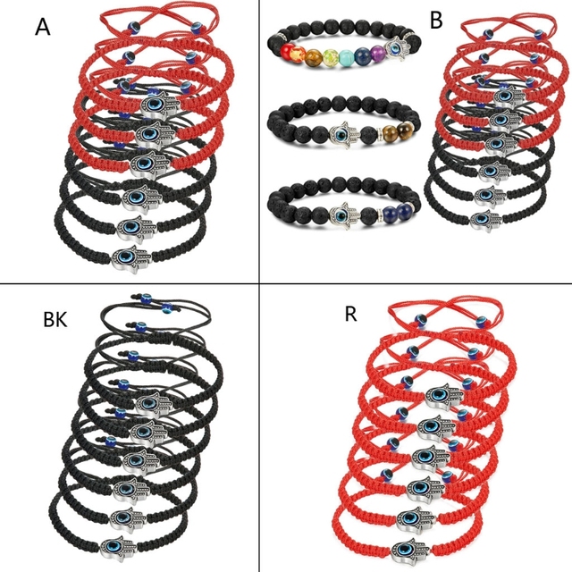 Ręcznie tkana bransoletka z Evil Eye Hamsa na czerwonej/czarnej lince - 6/9 sztuk - Wianko - 2