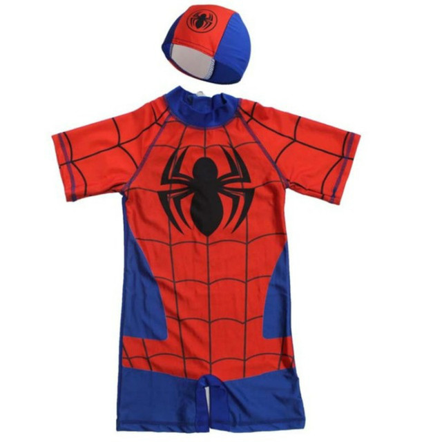 Jednoczęściowy strój kąpielowy dla chłopców - zestaw 2 sztuki, z kapeluszami, w kreskówkowym motywie Spidermana i Kapitana Ameryki - Wianko - 5