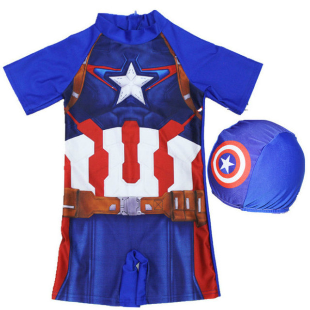 Jednoczęściowy strój kąpielowy dla chłopców - zestaw 2 sztuki, z kapeluszami, w kreskówkowym motywie Spidermana i Kapitana Ameryki - Wianko - 6