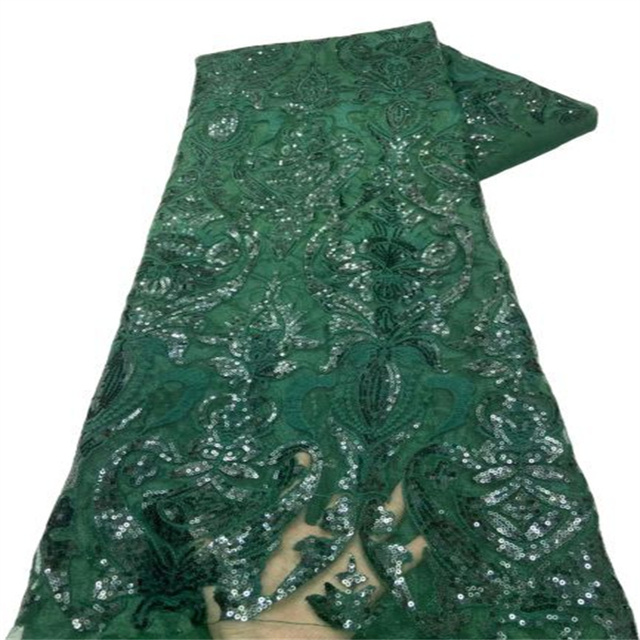 Cekinowo-haftowany ciemnozielony francuski netto afrykański materiał z koronkową siateczką i tiulem do szycia sukienki na ślub - 5 jardów, wysoka jakość (X98-6) - Wianko - 5