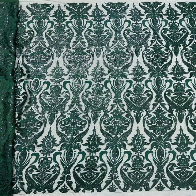 Cekinowo-haftowany ciemnozielony francuski netto afrykański materiał z koronkową siateczką i tiulem do szycia sukienki na ślub - 5 jardów, wysoka jakość (X98-6) - Wianko - 3