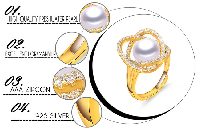 Pierścionek z pozłacanego srebra Dainashi 2021 z prawdziwą naturalną perłą słodkowodną AAAA - Wianko - 2