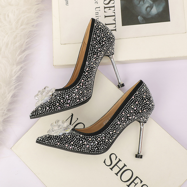 Luksusowe damskie buty na słupku z diamentowymi krawędziami i kryształkami srebrne - Wianko - 16