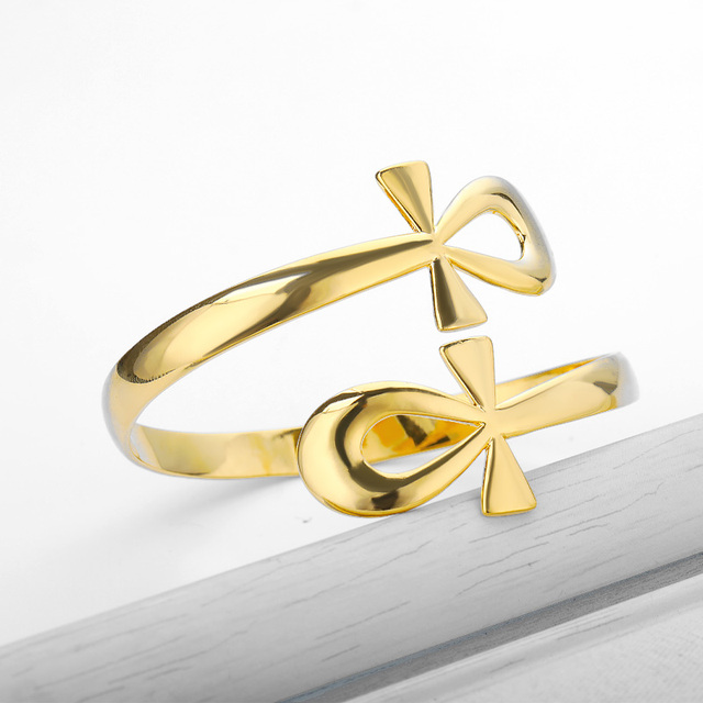 Złota stalowa bransoletka Ankh z krzyżem na dwóch kołach dla kobiet i mężczyzn, inspirowana starożytnym Egiptem - Wianko - 5