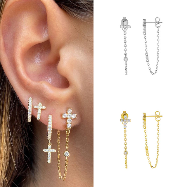 Kolczyki w stylu eleganckim, srebrne złote z cyrkoniami, długi spadek, popularny krzyż, dla kobiet - piękna biżuteria - Wianko - 1