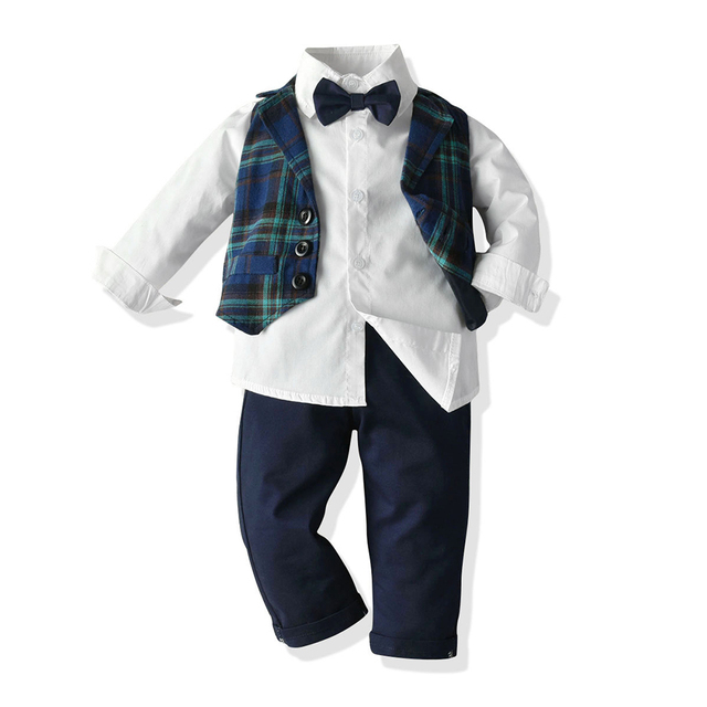 Garnitur z białą koszulą, kamizelką i spodniami dla chłopca, zestaw 3-elementowy w stylu męskim - Wianko - 2