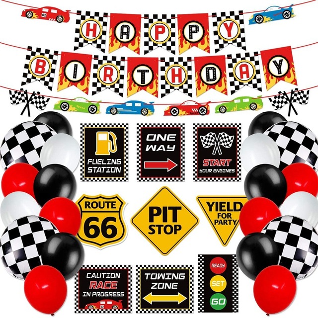 Zestaw dekoracji imprezy tematycznej - samochód wyścigowy, balony, baner urodzinowy, flaga, globos - Wianko - 2