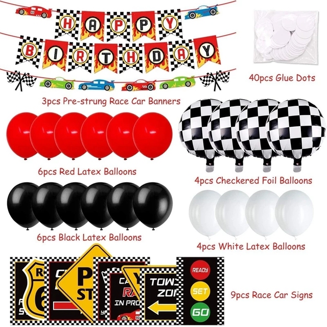 Zestaw dekoracji imprezy tematycznej - samochód wyścigowy, balony, baner urodzinowy, flaga, globos - Wianko - 3