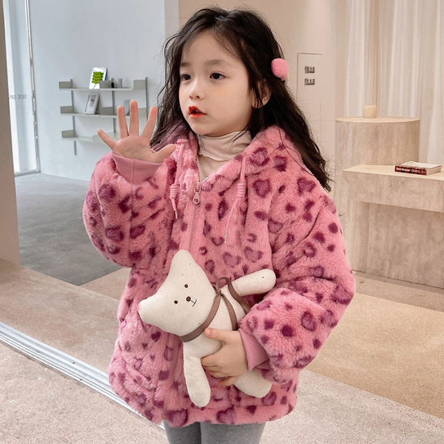 Dziewczęca krótka zimowa kurtka z kapturem Fuzzy w różowym wzorze w cętki dla dzieci od 3 do 7 lat - Wianko - 10
