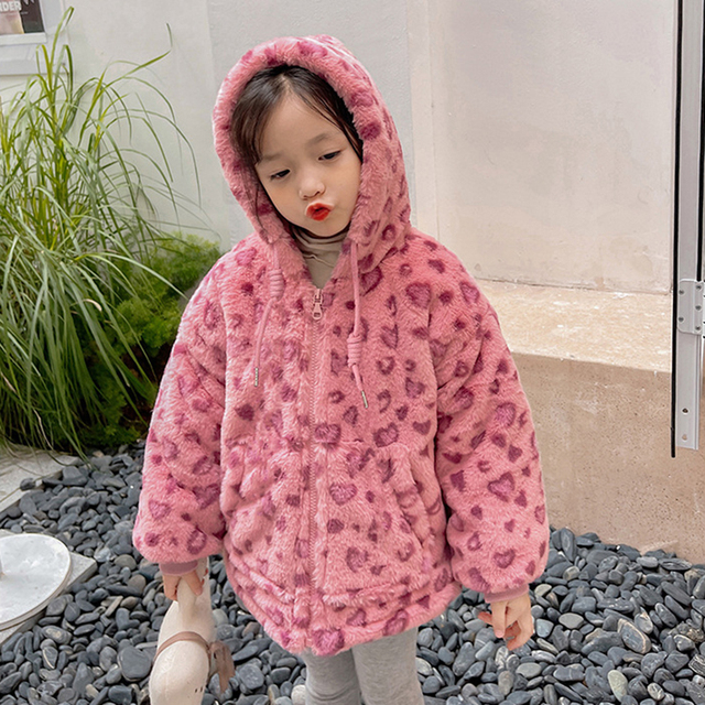 Dziewczęca krótka zimowa kurtka z kapturem Fuzzy w różowym wzorze w cętki dla dzieci od 3 do 7 lat - Wianko - 8