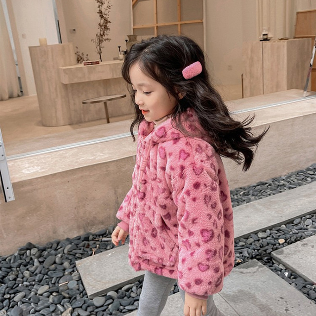 Dziewczęca krótka zimowa kurtka z kapturem Fuzzy w różowym wzorze w cętki dla dzieci od 3 do 7 lat - Wianko - 12