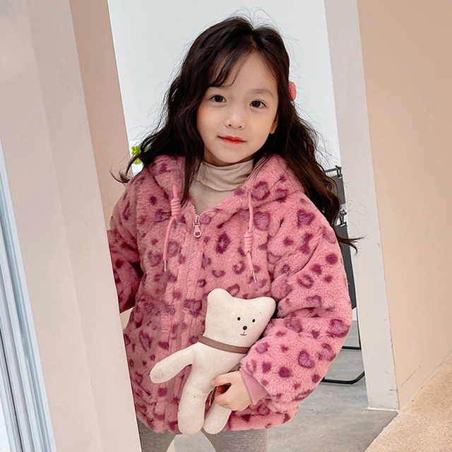 Dziewczęca krótka zimowa kurtka z kapturem Fuzzy w różowym wzorze w cętki dla dzieci od 3 do 7 lat - Wianko - 7