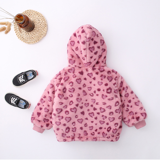 Dziewczęca krótka zimowa kurtka z kapturem Fuzzy w różowym wzorze w cętki dla dzieci od 3 do 7 lat - Wianko - 5