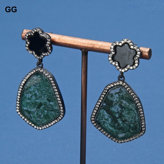 Kolczyki wiszące z naturalną zieloną agatą w kolorze Gunmetal, zdobione klejnotami z kamieniem Pave CZ - Wianko - 1
