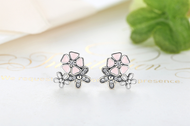 Kolczyki kwiatowe BELAWANG 925 Sterling Silver Daisy, różowa emaliowana biżuteria z kryształami dla kobiet - Wianko - 7
