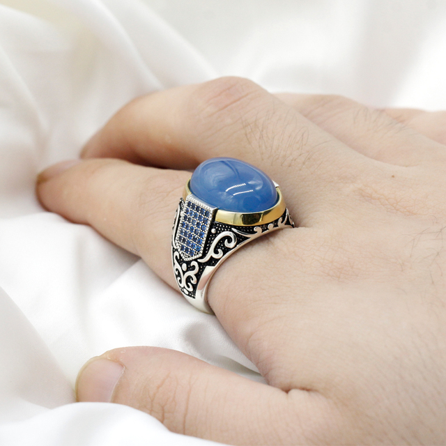 Srebrny antyczny turecki pierścionek z cyrkonią i niebieskim agatem - Wianko - 11