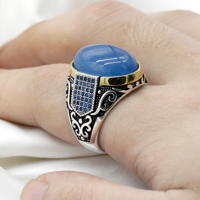Srebrny antyczny turecki pierścionek z cyrkonią i niebieskim agatem - Wianko - 12