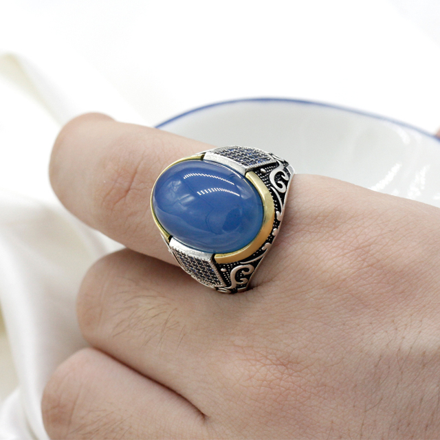 Srebrny antyczny turecki pierścionek z cyrkonią i niebieskim agatem - Wianko - 10