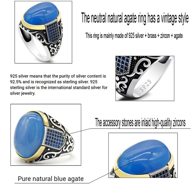 Srebrny antyczny turecki pierścionek z cyrkonią i niebieskim agatem - Wianko - 5