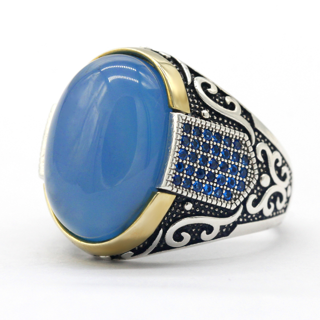 Srebrny antyczny turecki pierścionek z cyrkonią i niebieskim agatem - Wianko - 8