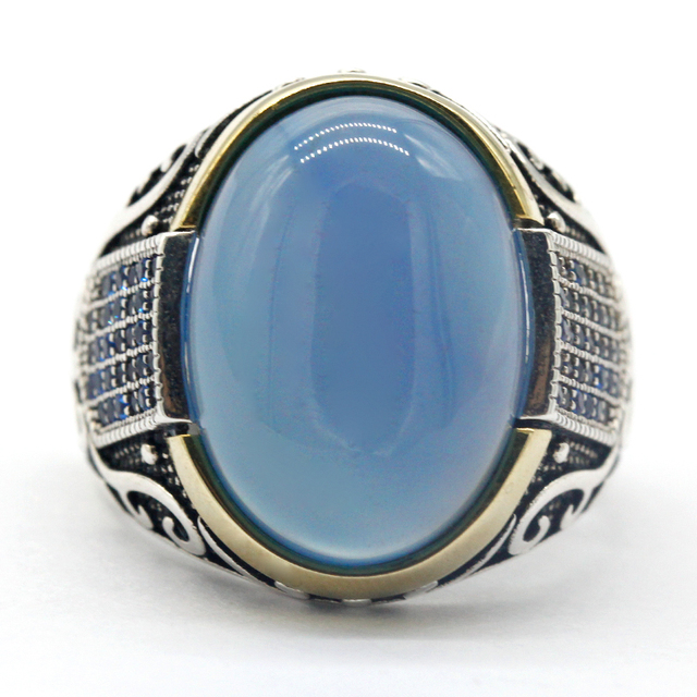 Srebrny antyczny turecki pierścionek z cyrkonią i niebieskim agatem - Wianko - 7