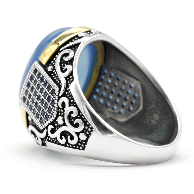 Srebrny antyczny turecki pierścionek z cyrkonią i niebieskim agatem - Wianko - 9