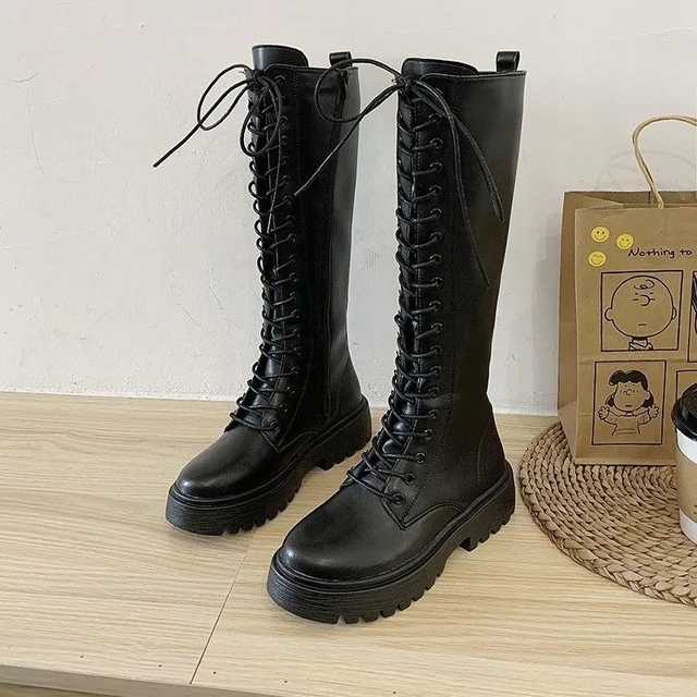 Kozaki damskie zimowe zakolanówki, czarne buty płaskie z zasznurowaniem - Pofulove - Wianko - 22