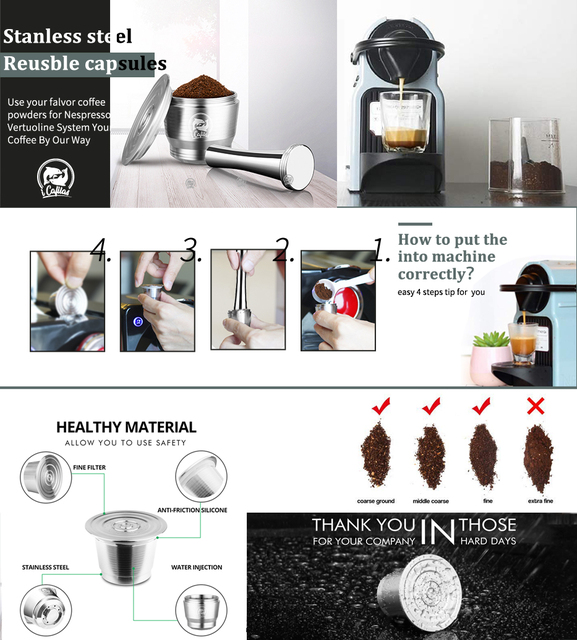 Kapsułki wielokrotnego użytku do Nespresso - stal nierdzewna, z łyżką i ubijakiem - filtr kawy - Wianko - 6