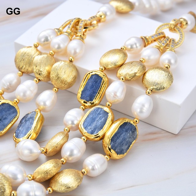 Wisiorek z białymi słodkowodnymi perłami, niebieskim cyjanitem i prostokątnym chokerem GuaiGuai - 20 cali - Wianko - 6