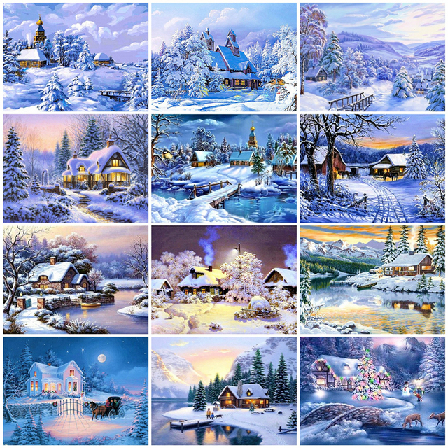 Ręcznie malowany obraz śnieżnego zimowego krajobrazu na płótnie - zestaw DIY według numeru domu - Wianko - 12