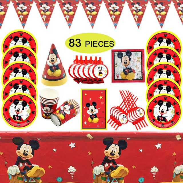 Jednorazowe naczynia na imprezę - 83 sztuki zestawu czerwonego motywu myszki Mickey: kubki papierowe, talerze, słomki, serwetniki, kapelusze - Baby Shower, urodziny, zabawa dla dzieci - Wianko - 2