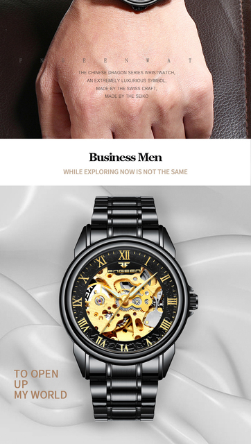 Męskie zegarki luksusowej marki - automatyczne, mechaniczne, czarne. Projektowane z Blu-ray szkłem, przezroczysty szkielet Dial - Wianko - 3