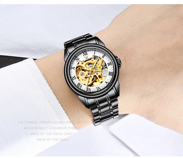 Męskie zegarki luksusowej marki - automatyczne, mechaniczne, czarne. Projektowane z Blu-ray szkłem, przezroczysty szkielet Dial - Wianko - 11