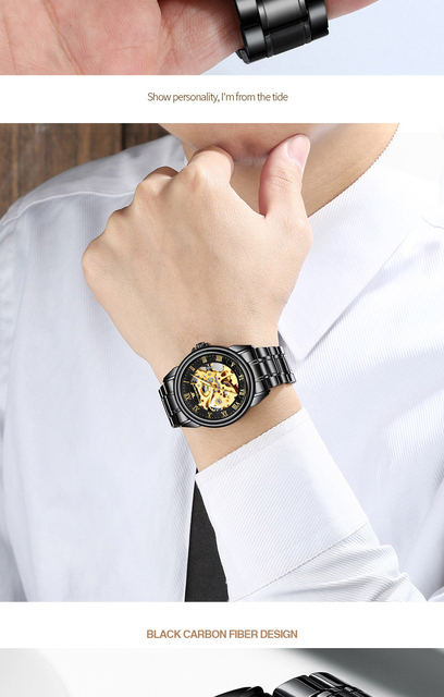 Męskie zegarki luksusowej marki - automatyczne, mechaniczne, czarne. Projektowane z Blu-ray szkłem, przezroczysty szkielet Dial - Wianko - 6