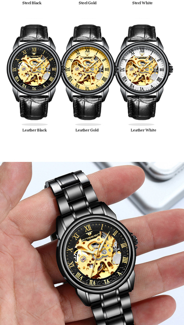 Męskie zegarki luksusowej marki - automatyczne, mechaniczne, czarne. Projektowane z Blu-ray szkłem, przezroczysty szkielet Dial - Wianko - 5