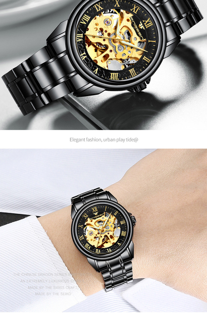 Męskie zegarki luksusowej marki - automatyczne, mechaniczne, czarne. Projektowane z Blu-ray szkłem, przezroczysty szkielet Dial - Wianko - 9