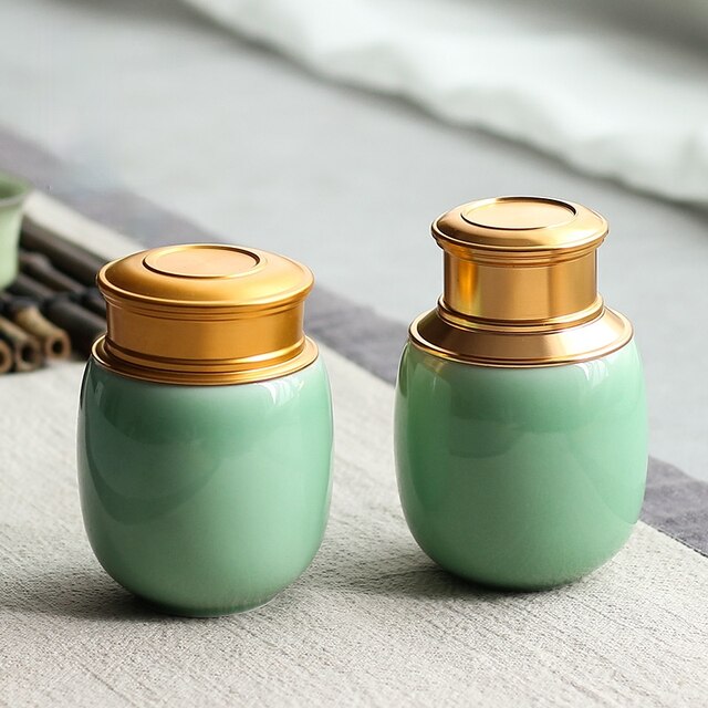 Ceramiczny pojemnik na herbatę w stylu chińskim, seledynowy, mini, podróżny, zamknięty, luksusowy z pokrywą w kolorze złotym - prezent świąteczny - Wianko - 3