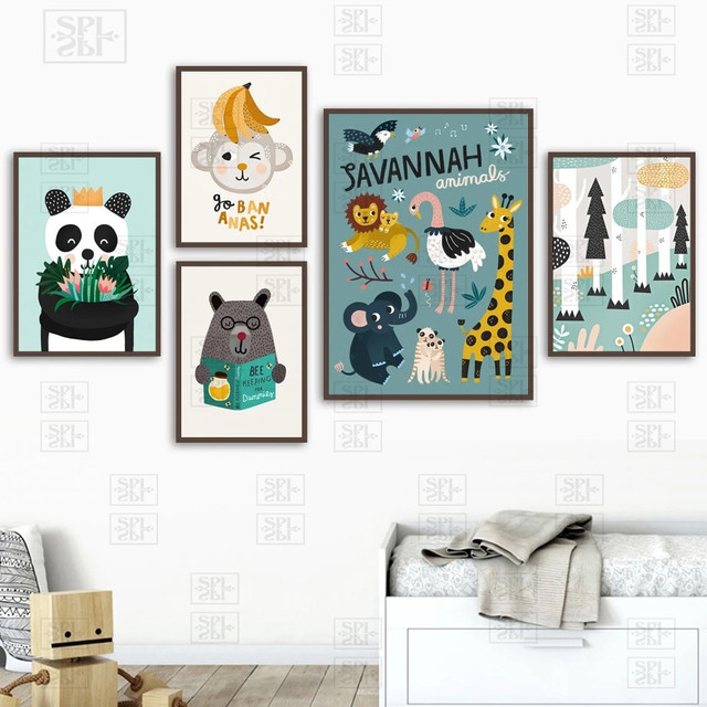 Malarstwo na płótnie Cartoon Zoo - Zwierzęta: Panda, Niedźwiedź, Małpa - Plakaty i Wydruki Artystyczne Nordic - Zdjęcia ścienny do pokoju dziecięcego - Wianko - 6