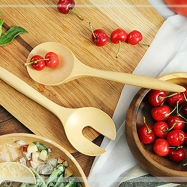 Drewniane naczynia do serwowania sałatek - talerz, łyżka, widelec - zestaw 2 sztuki - Wianko - 7