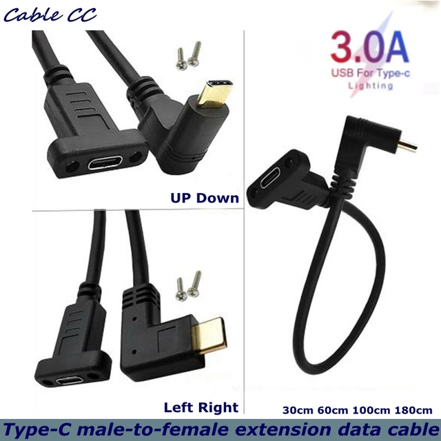 Przedłużacz kabla danych USB typu C 90° męski do żeńskiego, z panelowymi otworami montażowymi 10 Gb/s, pozłacany - Wianko - 1