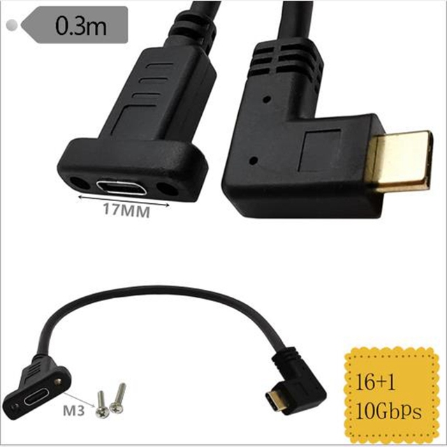Przedłużacz kabla danych USB typu C 90° męski do żeńskiego, z panelowymi otworami montażowymi 10 Gb/s, pozłacany - Wianko - 2