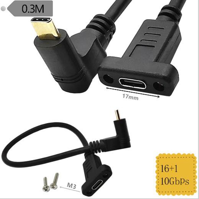 Przedłużacz kabla danych USB typu C 90° męski do żeńskiego, z panelowymi otworami montażowymi 10 Gb/s, pozłacany - Wianko - 3