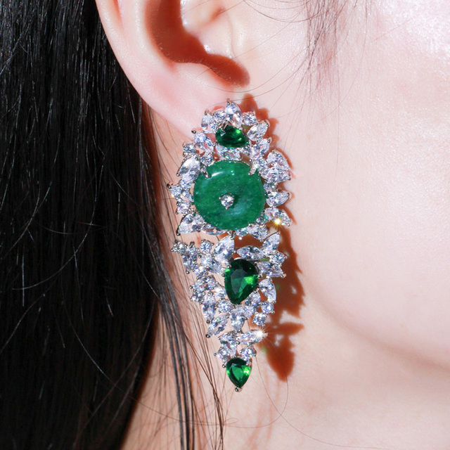 Kolczyki wiszące Pera Fashion Design z dużym, okrągłym, zielonym kryształem, vintage styl, dla kobiet- biżuteria na party i inne okazje - E609 - Wianko - 6
