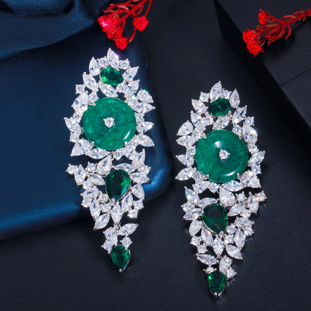Kolczyki wiszące Pera Fashion Design z dużym, okrągłym, zielonym kryształem, vintage styl, dla kobiet- biżuteria na party i inne okazje - E609 - Wianko - 13