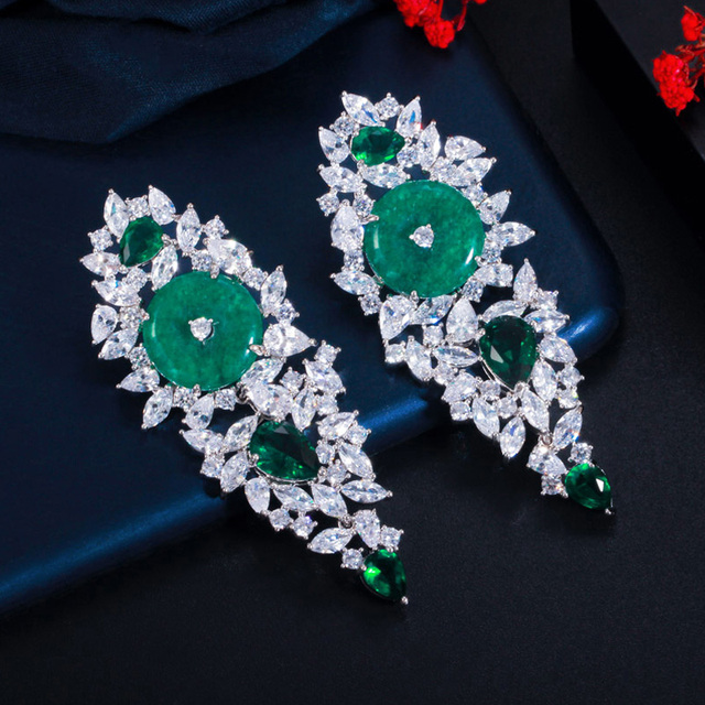 Kolczyki wiszące Pera Fashion Design z dużym, okrągłym, zielonym kryształem, vintage styl, dla kobiet- biżuteria na party i inne okazje - E609 - Wianko - 10