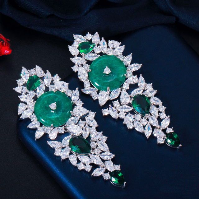 Kolczyki wiszące Pera Fashion Design z dużym, okrągłym, zielonym kryształem, vintage styl, dla kobiet- biżuteria na party i inne okazje - E609 - Wianko - 11
