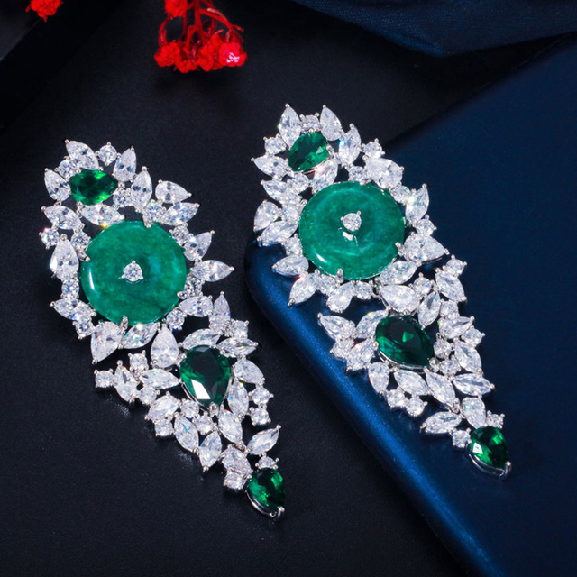 Kolczyki wiszące Pera Fashion Design z dużym, okrągłym, zielonym kryształem, vintage styl, dla kobiet- biżuteria na party i inne okazje - E609 - Wianko - 12