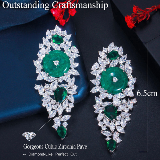 Kolczyki wiszące Pera Fashion Design z dużym, okrągłym, zielonym kryształem, vintage styl, dla kobiet- biżuteria na party i inne okazje - E609 - Wianko - 3